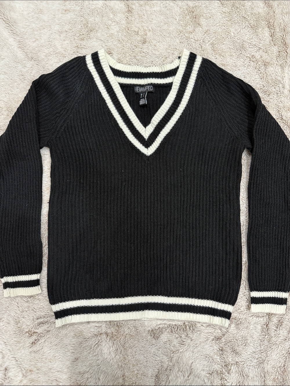 Revamped Black V-Neck Sweater with White Stripes